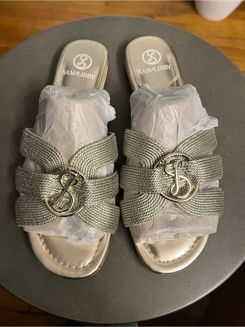 Sam & Libby Metallic Gold Braided Logo Slide Mules